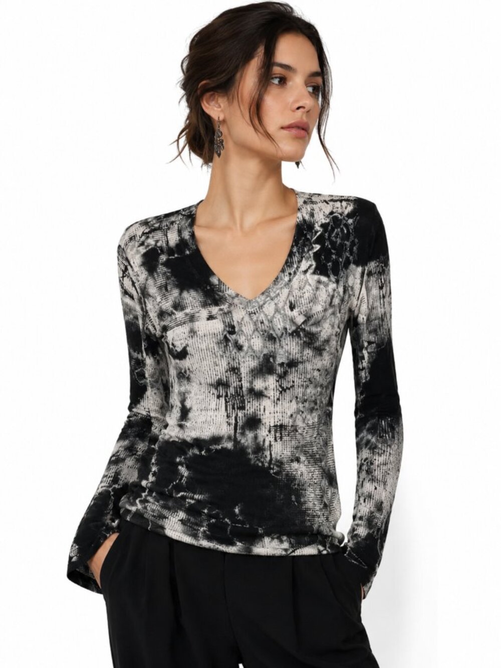 Heyne Bogut Womens Top Long Sleeve V-Neck Abstract Black White Silver Size 3/M